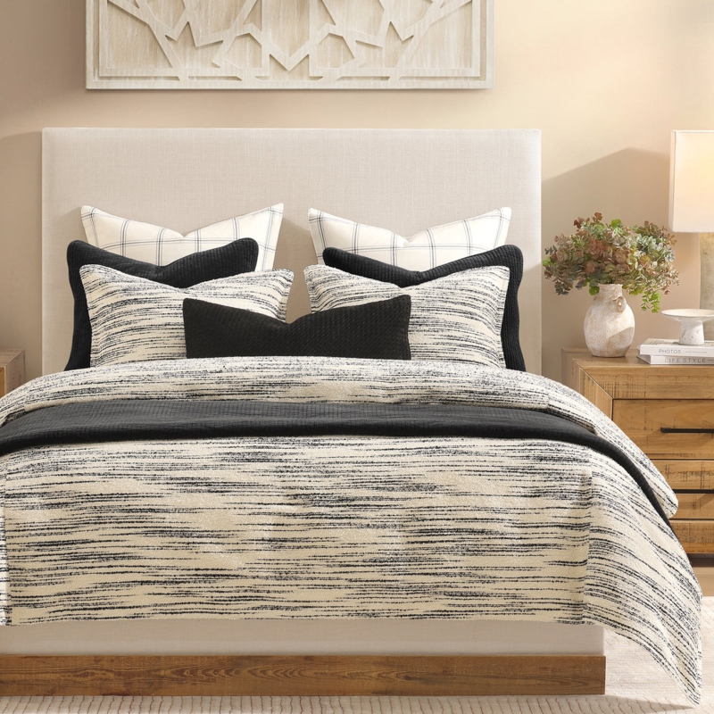 Bedding Set White Tan Layered Quilted Shams Geometric