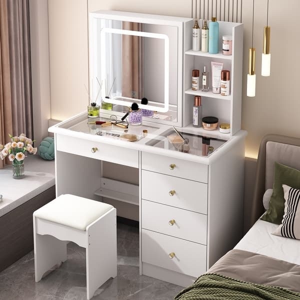 Bedroom Vanity with Sliding Mirror Storage, Scandinavian Two-Tone Finish