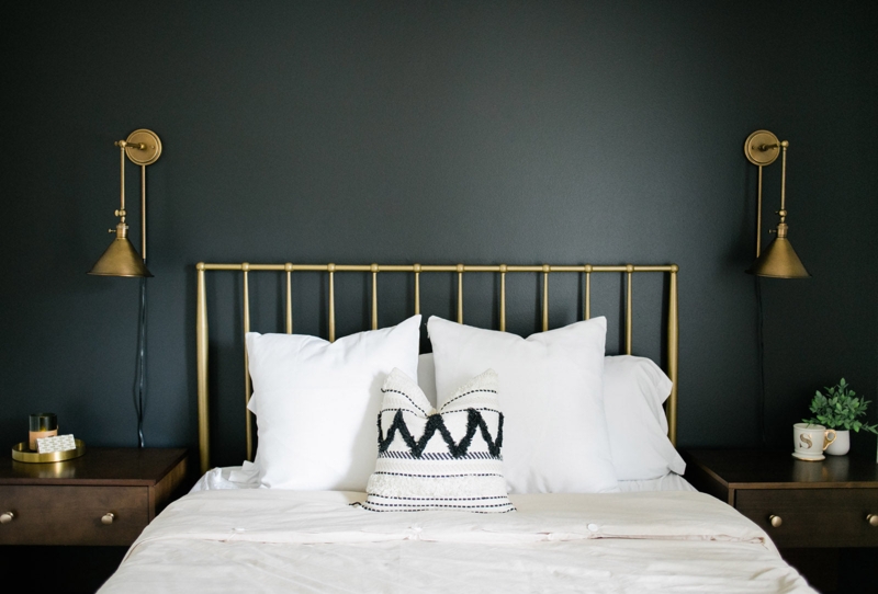 Bedroom with Black Picture Frame Molding and Ochre Yellow Accents