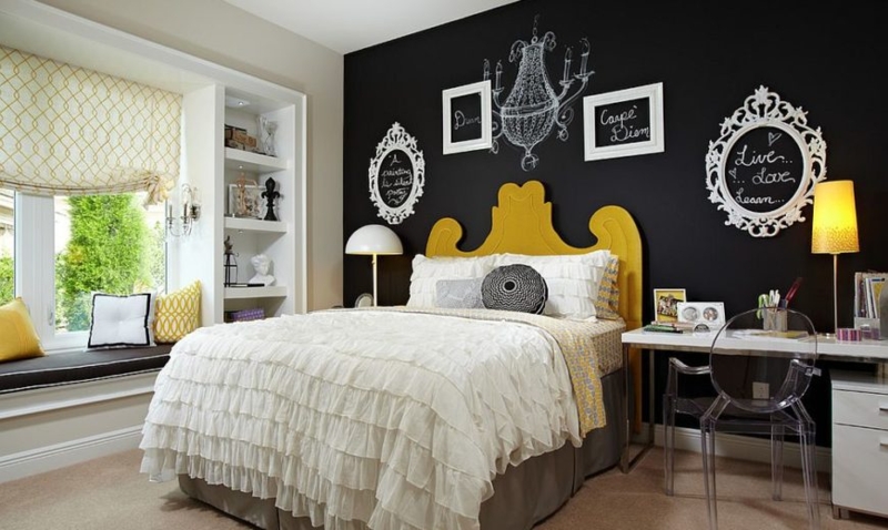 Bedroom with Wood Headboard against Black Wall and Chunky Knit Throw