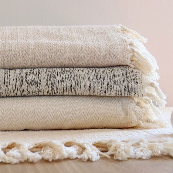 Bedspread Cream Woven Fabric Knotted Fringe Boho Airy