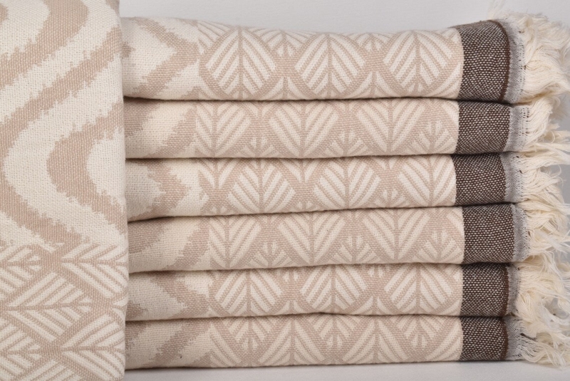 Beige and Charcoal Ikat Pattern Throw, Knotted Fringe, Bohemian