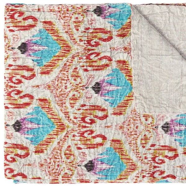 Beige and Pink Ikat Pattern Throw, Knotted Fringe, Bohemian Chic