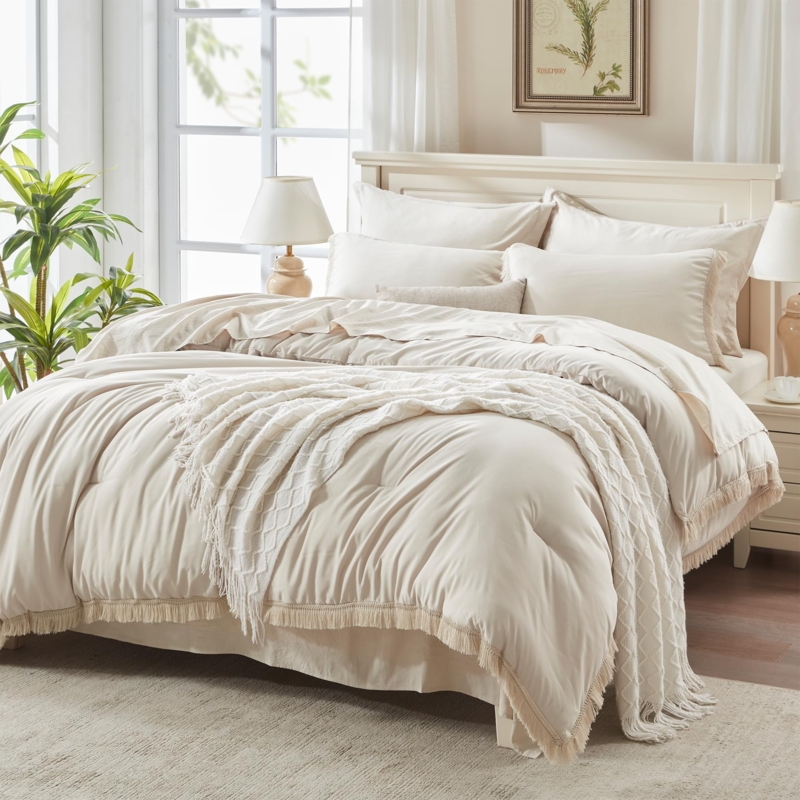 Beige Boho Tassel Trim Comforter Set Modern Farmhouse Style