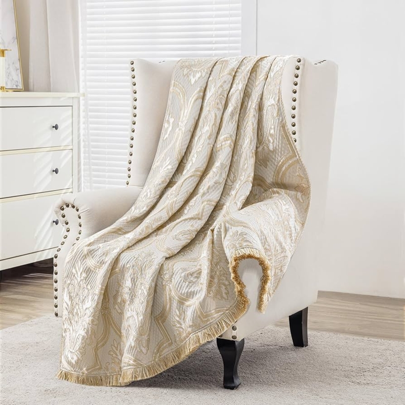 Beige Gold Floral Jacquard Throw Blanket, Twisted Fringe, Luxury Blanket
