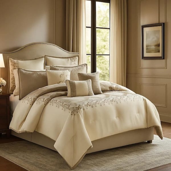 Benjara Bm225169 10 Piece King Polyester Comforter Set with Damask Print, Cream and Gold