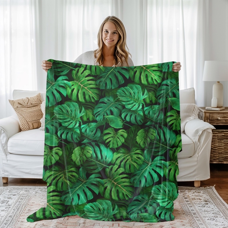 Biophilic Plush Throw Blanket with Monstera Leaf Graphic