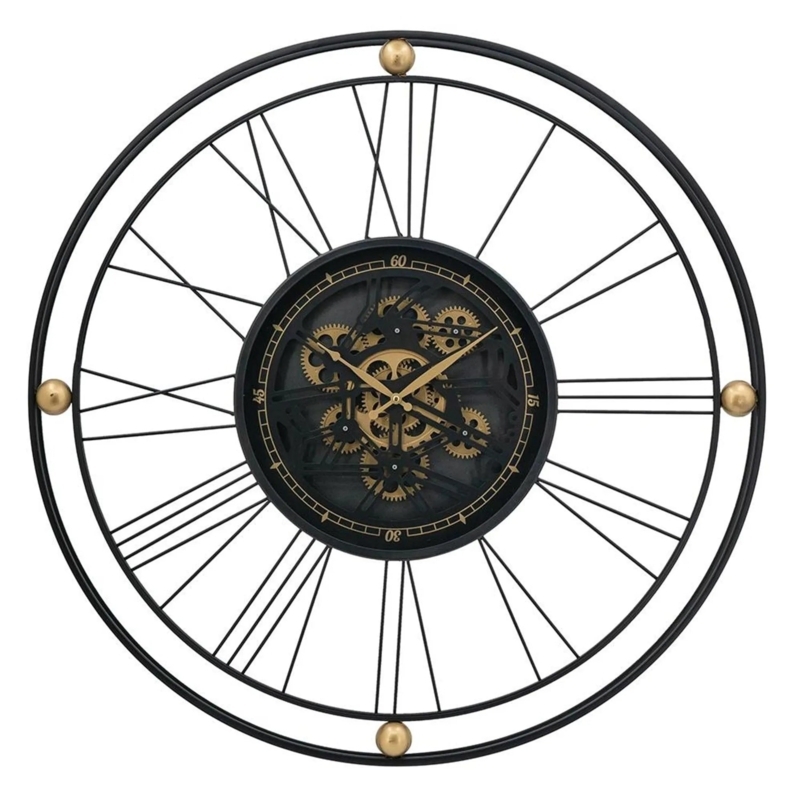 Black and Gold Mechanical Wall Clock Glass Face Vintage Modern