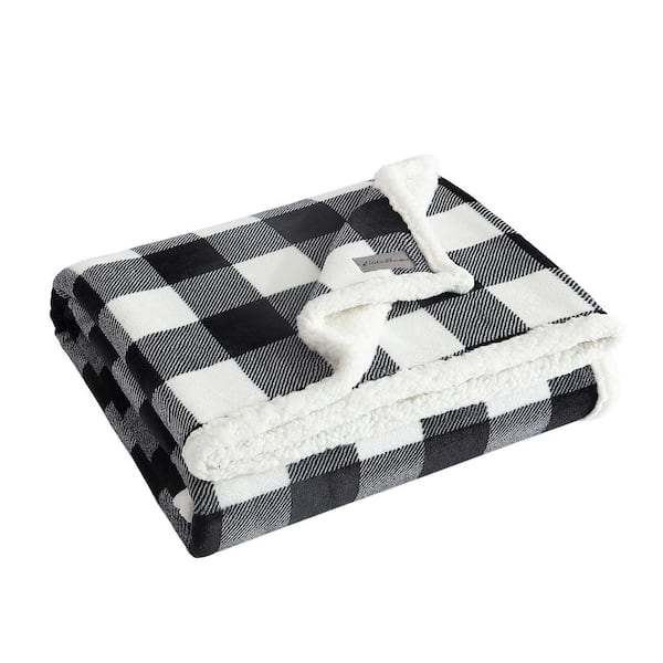 Black and White Buffalo Plaid Throw Blanket, Sherpa Lined, Reversible
