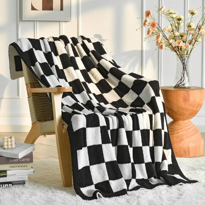 Black and White Checkered Throw Blanket, Plush Texture, Modern Style