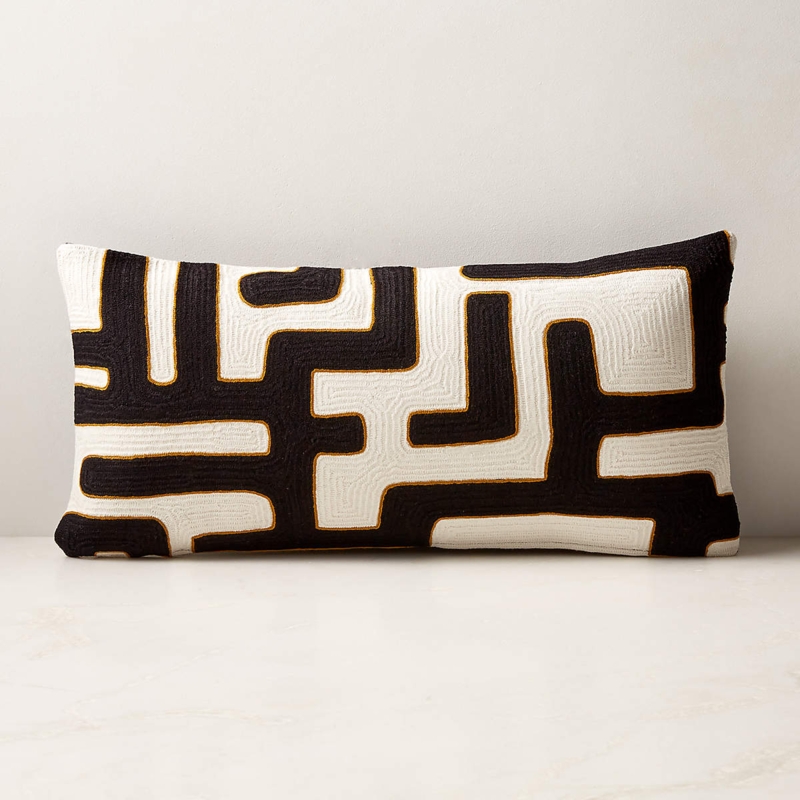 Black and White Embroidered Lumbar Pillow Graphic Geometric
