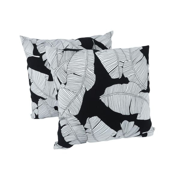 Black and White Outdoor Throw Pillows, Botanical Leaf Print