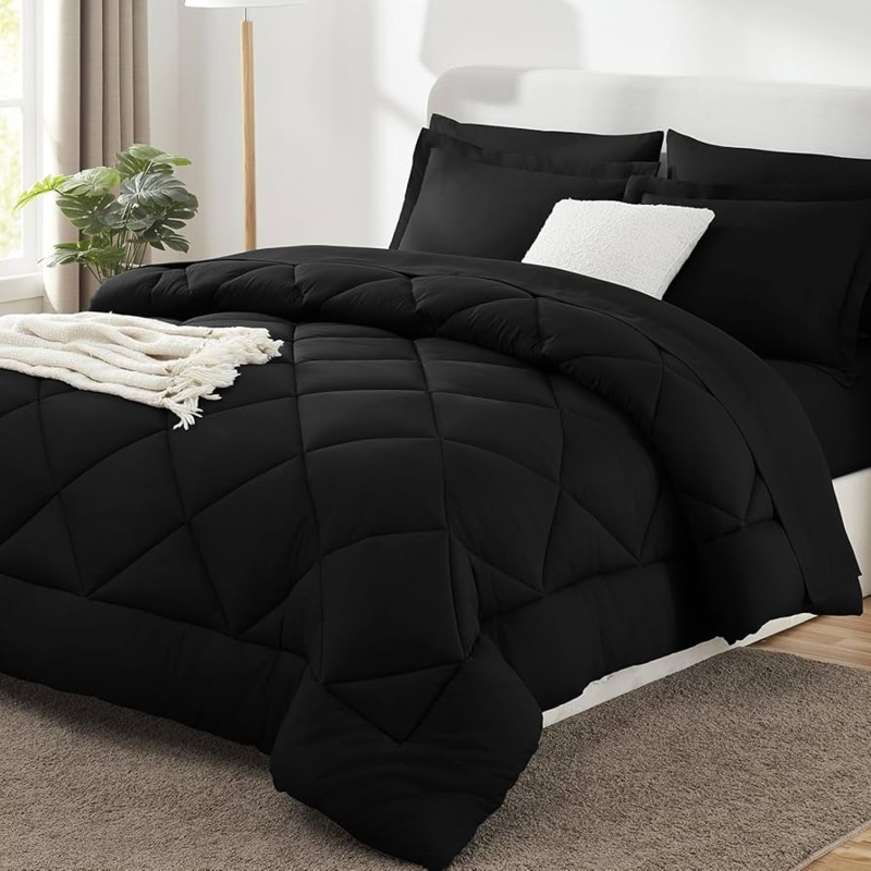 Black Comforter Set and Waffle Weave Throw Moody Modern Bedding