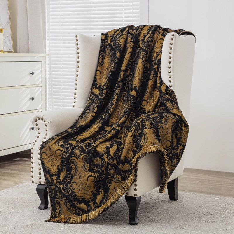 Black Damask Throw Blanket, Heavy Fringe Trim, Sophisticated Gothic Accents