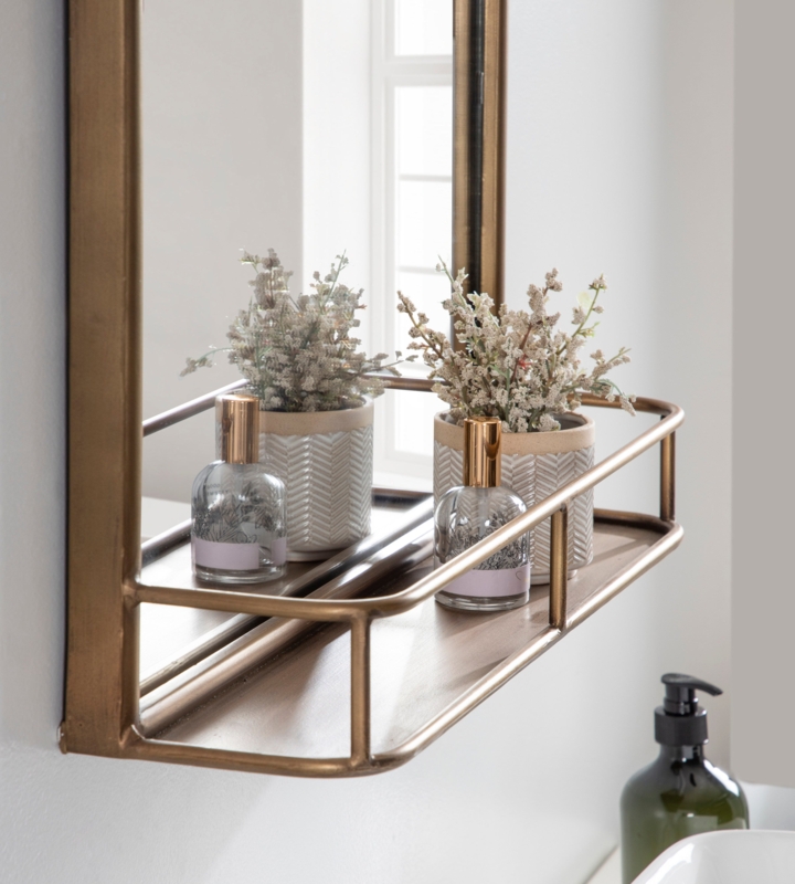Black Metal Arched Wall Mirror with Integrated Display Shelf