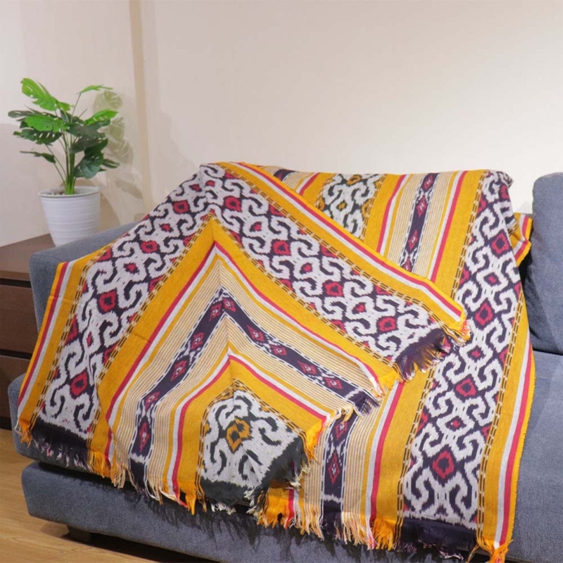 Black, Red, and Yellow Ikat Throw, Handwoven, Fringed Edges, Global Bohemian