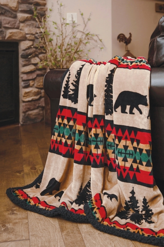 Black Sherpa Throw Blanket Bear Trails Pattern Reversible Rustic