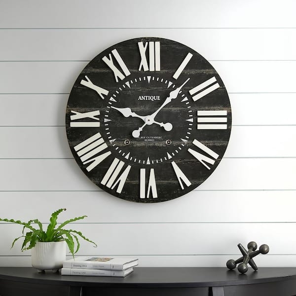 Black Wall Clock with Shiplap Face and Natural Wood Frame