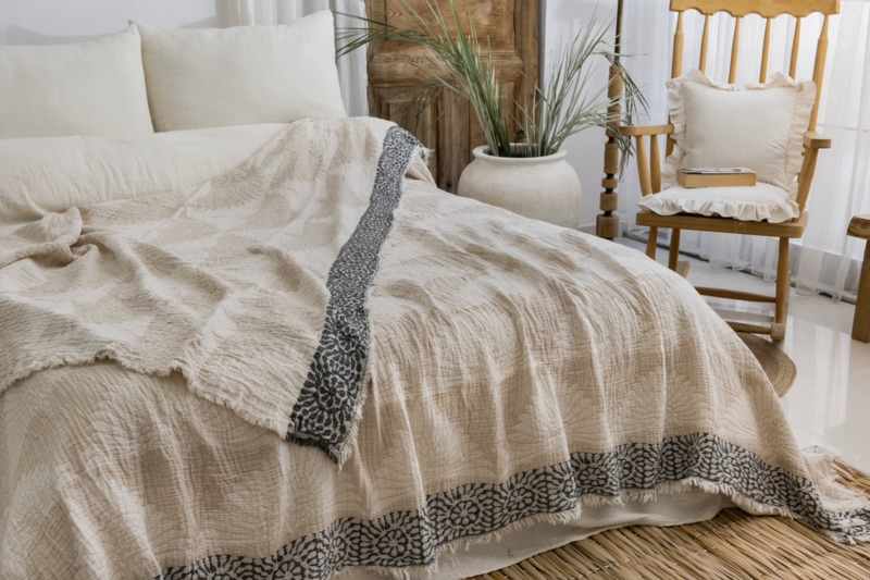 Blanket Beige Muslin Crinkle Texture Boho Organic Earthy