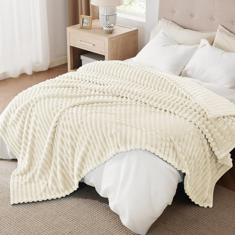 Blanket Beige Ribbed Texture Plush Fabric Cozy Airy