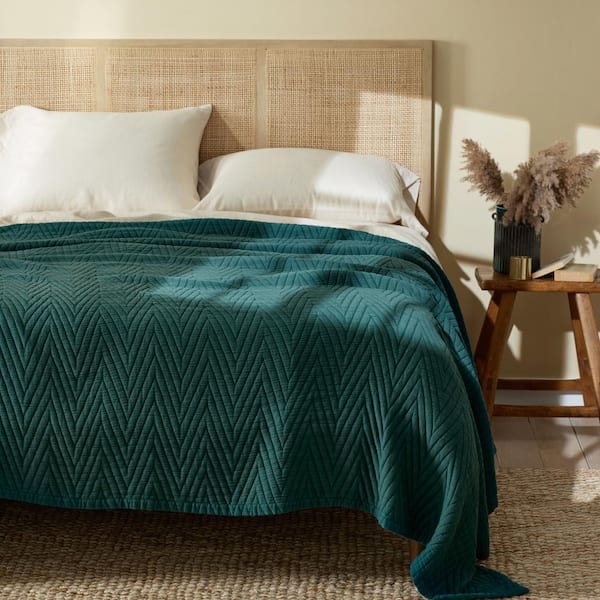 Blanket Dark Green Chevron Weave Cotton Textured