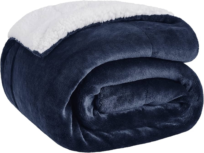 Blanket Navy Blue Reversible Plush with White Faux Sherpa Lining
