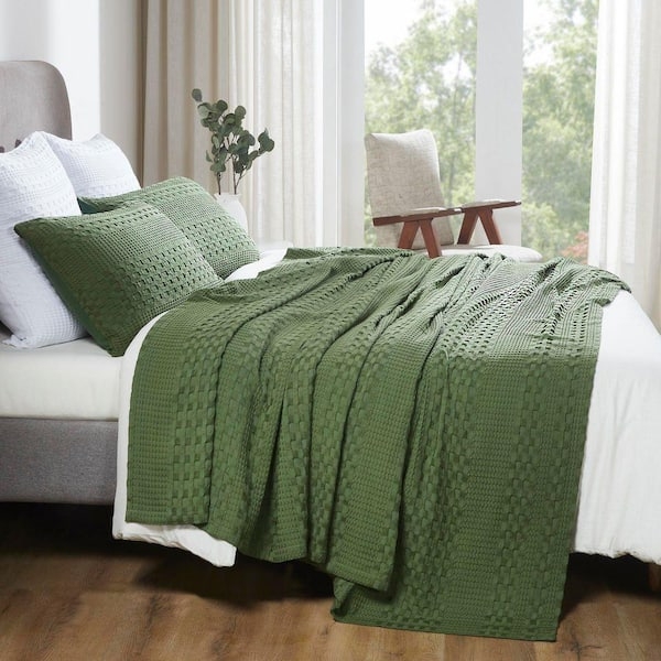Blanket Olive Green Cotton Waffle Weave Texture Flat Border