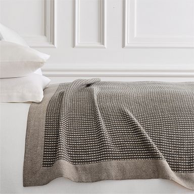 Blanket Two Tone Slate Blue Cream Linen Blend Fringed