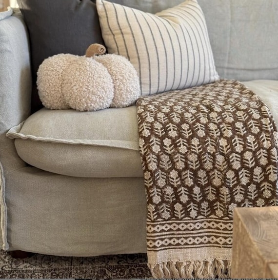 Block Print Floral Throw Blanket, Brown Cotton