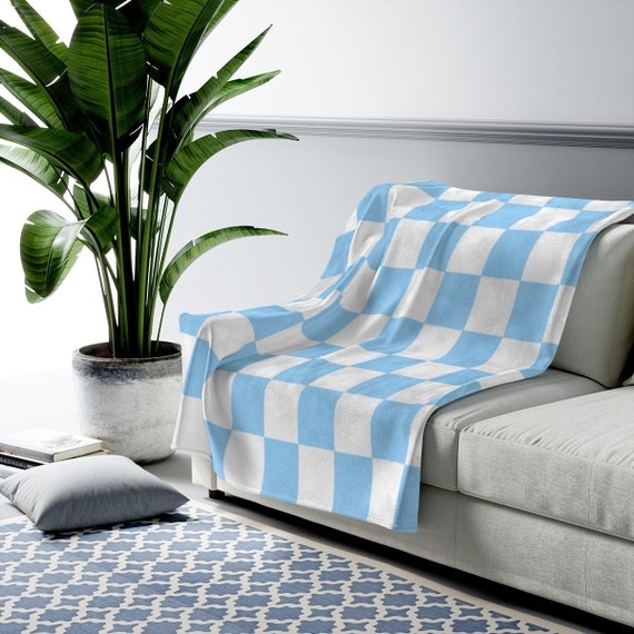 Blue and White Checkered Throw Blanket, Danish Pastel Style, Fringed