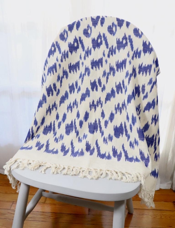 Blue and White Ikat Throw Blanket, Tassel Fringe, Bohemian Chic