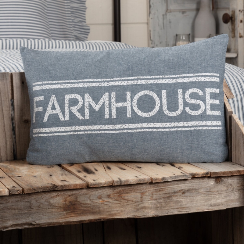 Blue Chambray Decorative Pillow with Button Accents and Typography