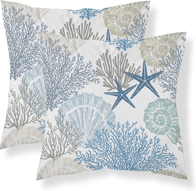 Blue Coral Throw Pillow Cover Set, Textured Linen Look, Coastal Style.