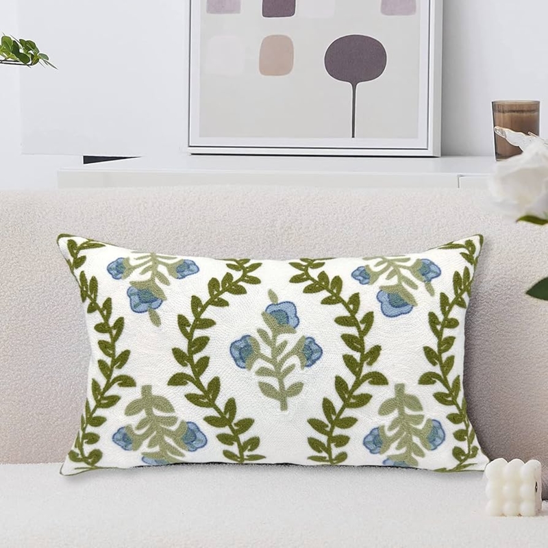Blue Floral Embroidered Lumbar Pillow Cover, Off-White Canvas, Farmhouse