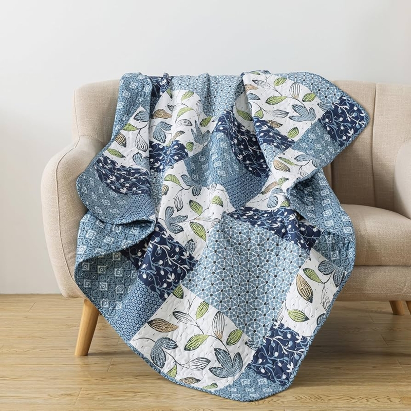 Blue Floral Patchwork Throw Quilt with Scalloped Edge, Coastal Cottage