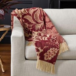 Blue-Gray and Cream Damask Throw Blanket, Knotted Fringe, Decorative Blanket