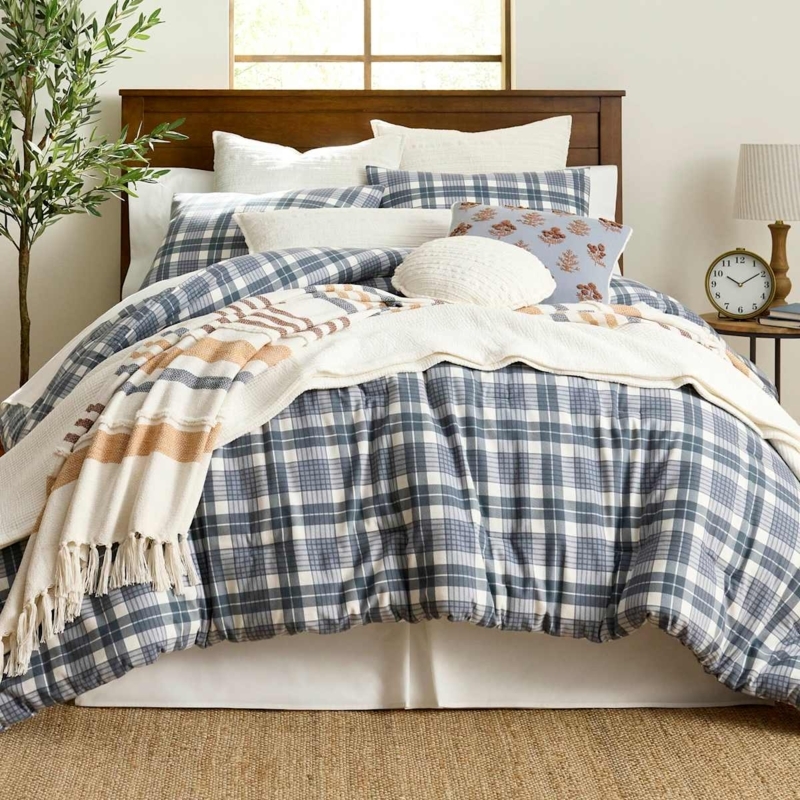 Blue Plaid Flannel Comforter Set, Windowpane Check Farmhouse Bedding