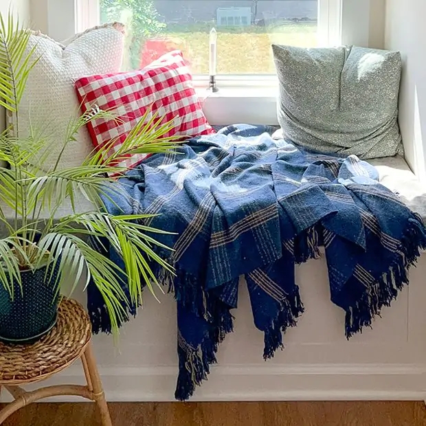 Blue Plaid Throw Blanket, Fringed Navy Woven