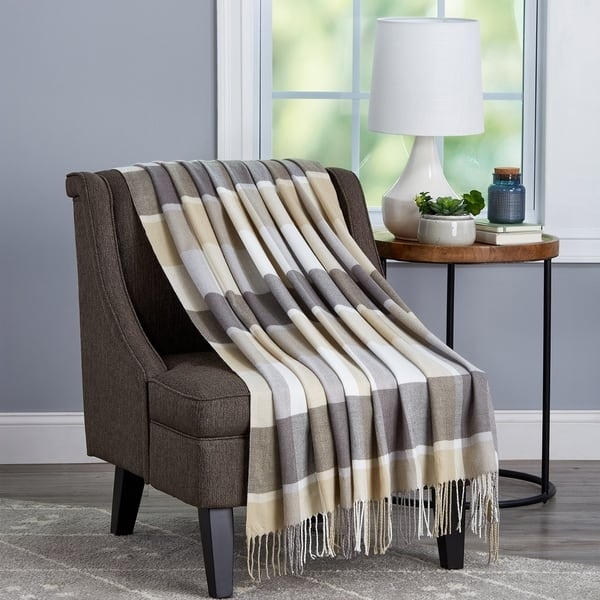 Blue Plaid Throw Blanket with Fringed Trim, Classic Plaid