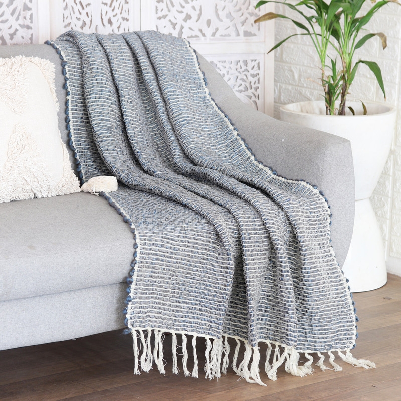 Blue Striped Throw Blanket with Fringe, Coastal Style