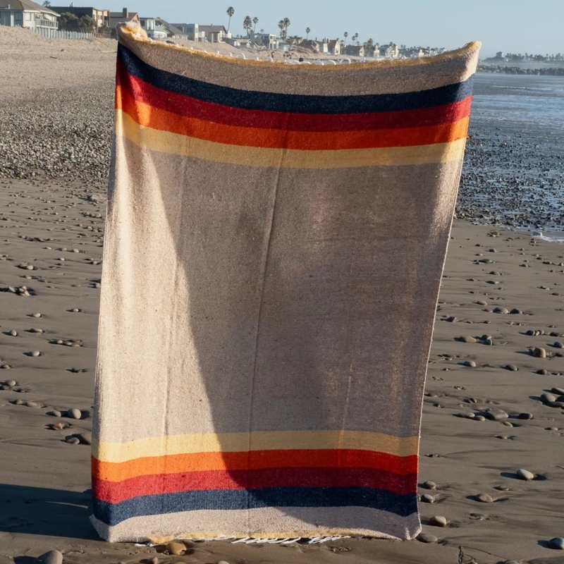 Blue Striped Woven Throw Blankets with Fringed Edges