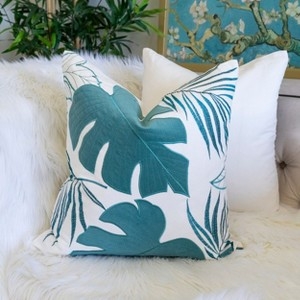 Blue Velvet Throw Pillow: Botanical Leaf Pattern, Nature Inspired.