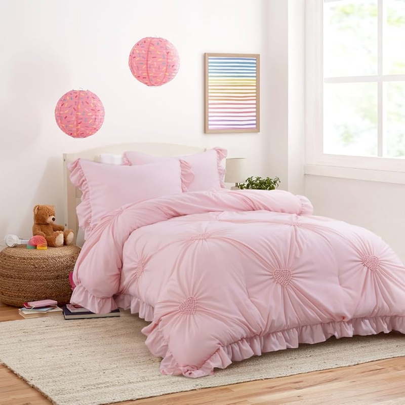 Blush Pink Comforter Set with Ruffled Shams, Pinch Pleat Bedding