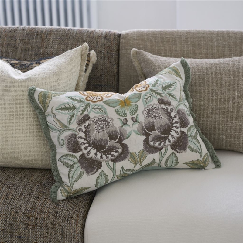 Blush Pink Linen-Like Lumbar Pillow, Teal Embroidered Medallion, Flange