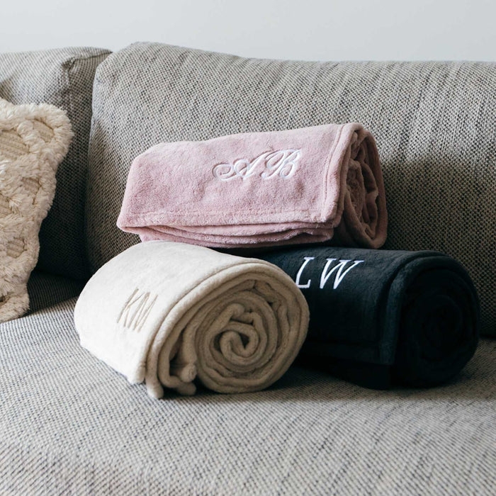 Blush Pink Throw Blanket Microplush Embroidered Script Velvety