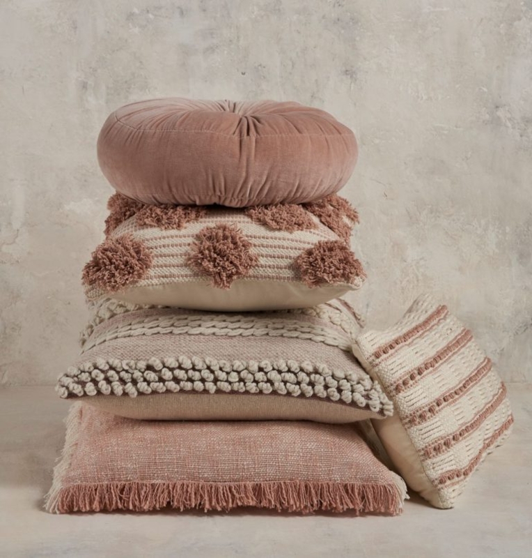 Blush Pink Throw Pillow with Loop Pile Texture and Geometric Motif
