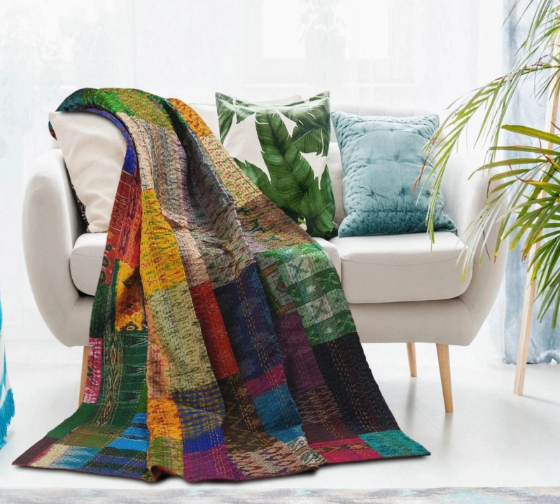 Bohemian Kantha Throw Blanket with Vibrant Patola Geometric Stitching