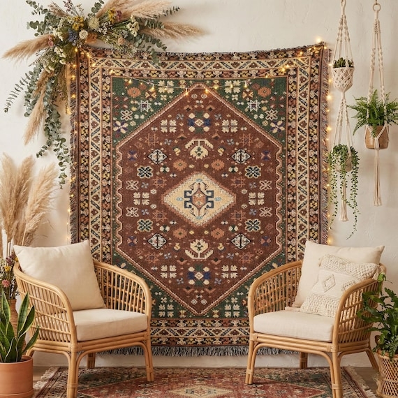 Bohemian Kilim Throw Blanket with Traditional Red Geometric Weave & Fringe