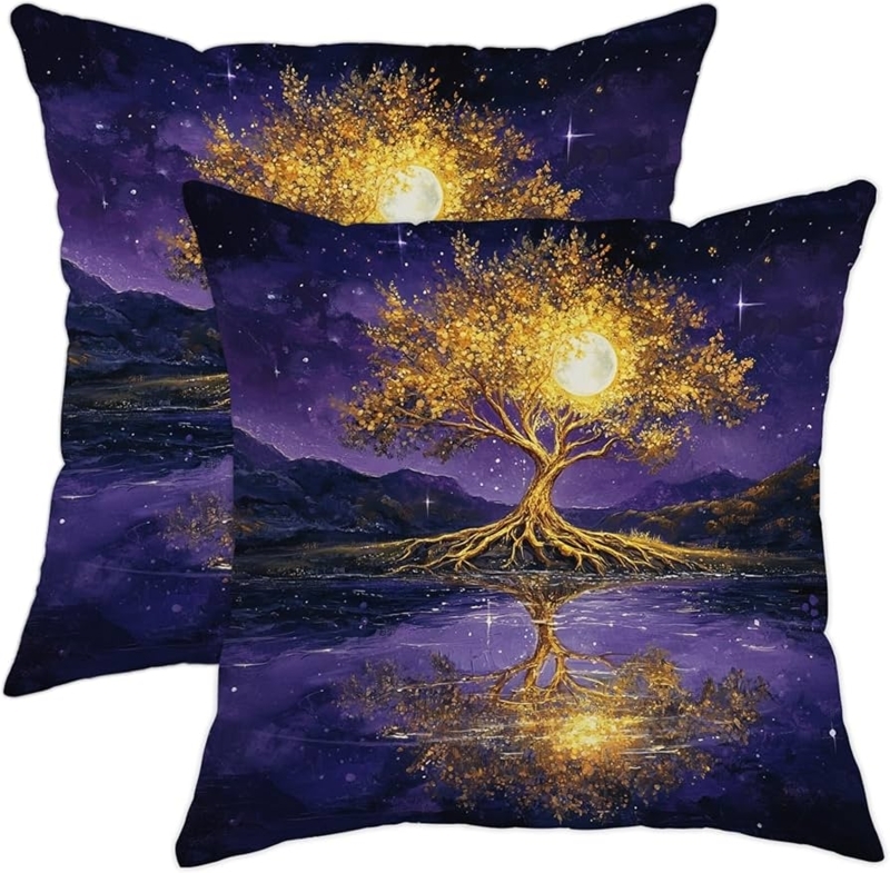 Bohemian Throw Pillow Luminous Tree Print Glowing Moon