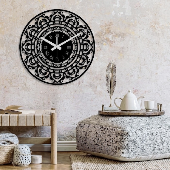 Bohemian Wall Clock: Black Metal Laser Cut Mandala Pattern Decor